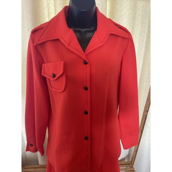 Vintage 1960’s 1970’s Red Collared Wide Leg Pant Suit Large Size 14 Stretchy - Picture 2 of 9